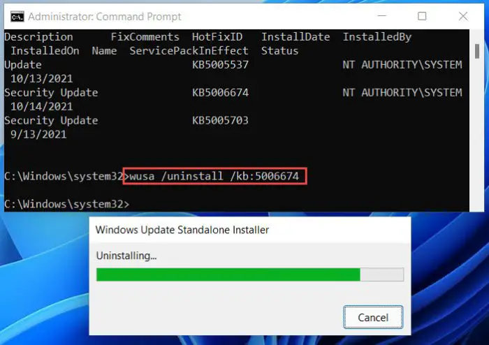 Uninstall Windows update from Command Prompt