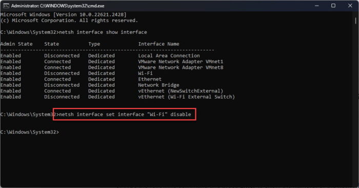 Disable network adapter from Command Prompt