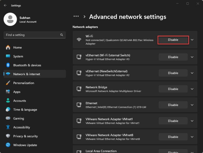 Disable the network adapter from Settings