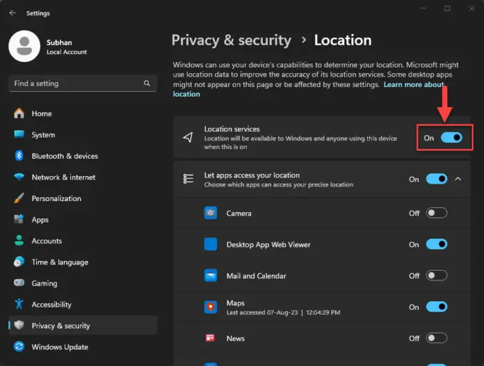 Enable Location services in Windows