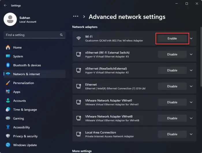 Enable the network adapter from Settings