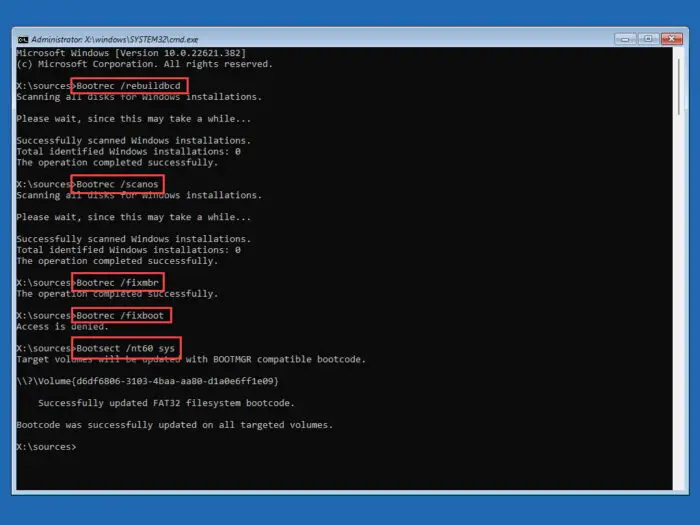 Fix boots sectors from Command Prompt in Windows Recovery Environment