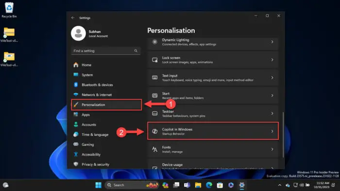 Go to the Copilot in Windows Settings page