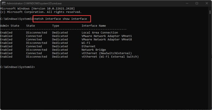 List all network adapter details in Command Prompt