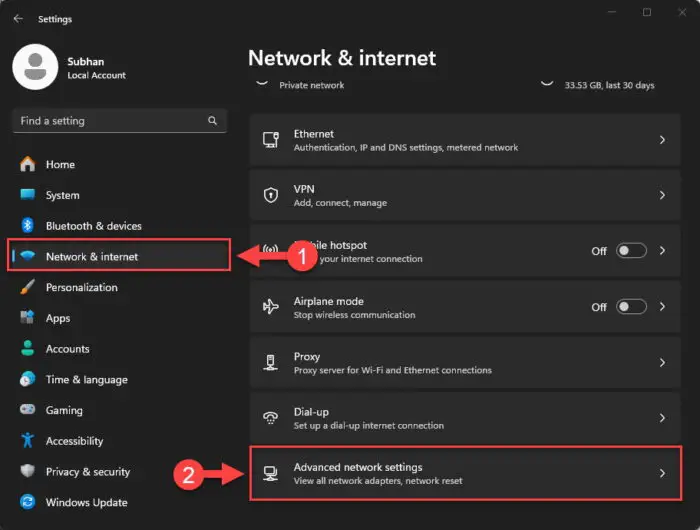 Open advanced network settings
