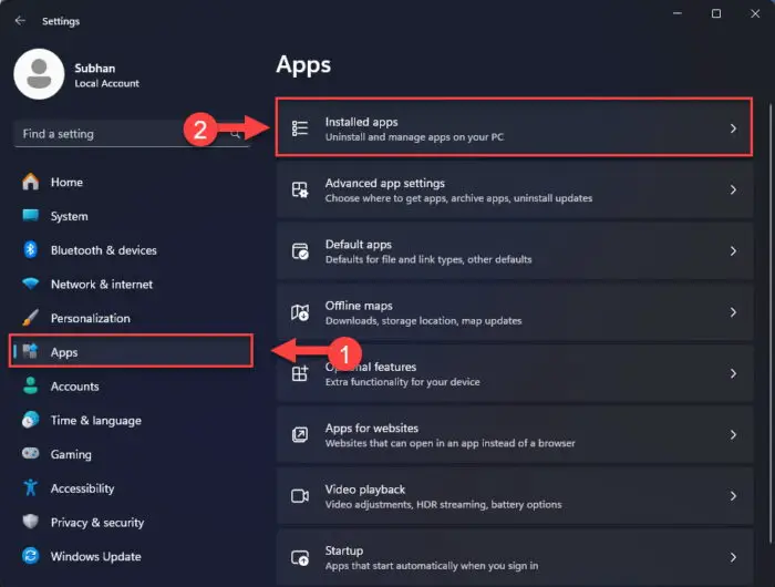 Open Installed apps Settings page