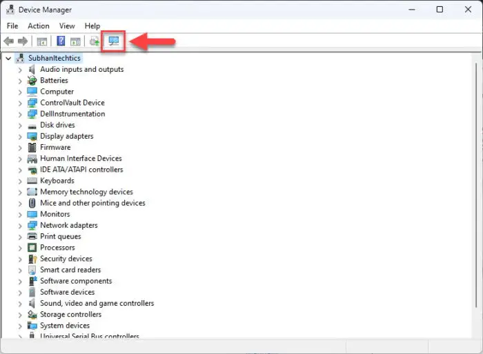 Scan for hardware changes in the Device Manager