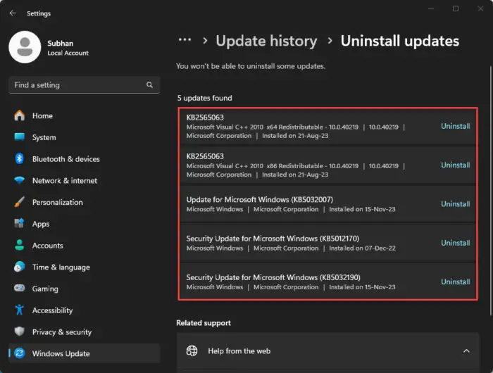 Uninstall Windows update from Settings