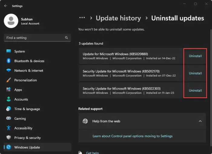 Uninstall Windows update from Settings app