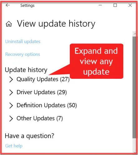 View update history in Windows 10