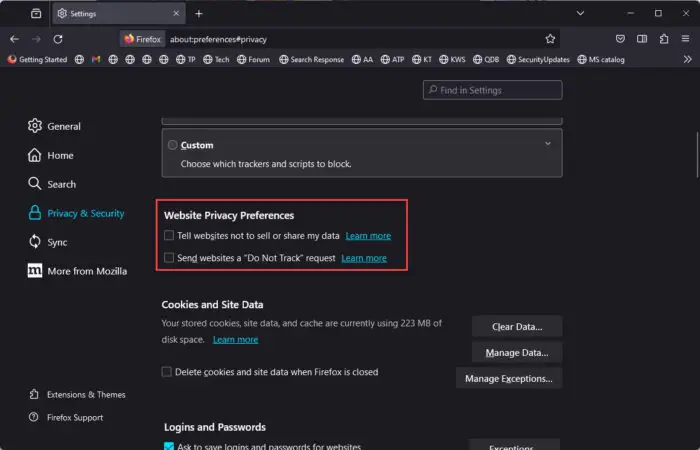 Website privacy preferences in Firefox 120